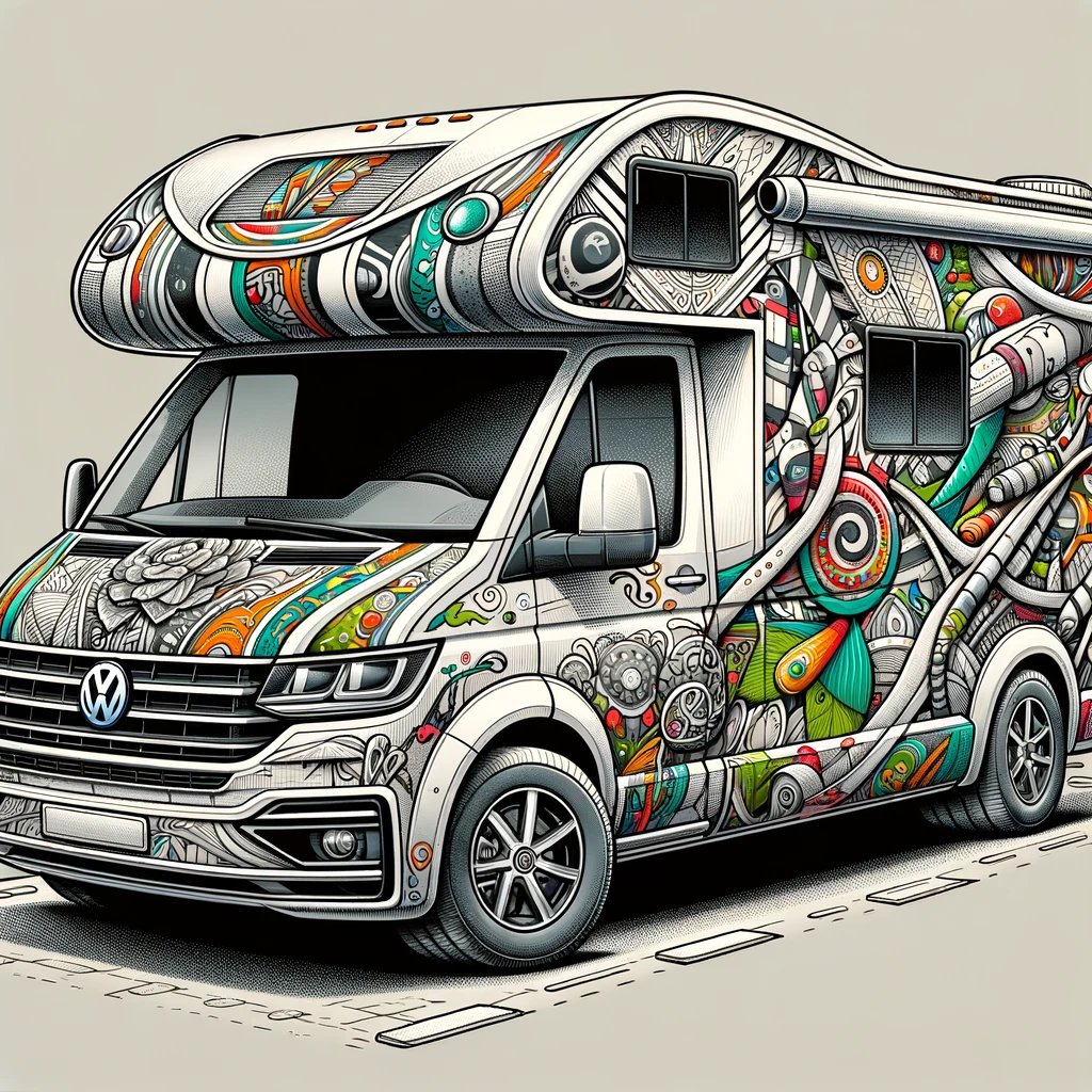 DALL·E 2024-02-06 17.06.53 - Create a drawing of a vehicle resembling a motorhome with the features of the Volkswagen Grand California, now adorned with a cool and funny wrapping 