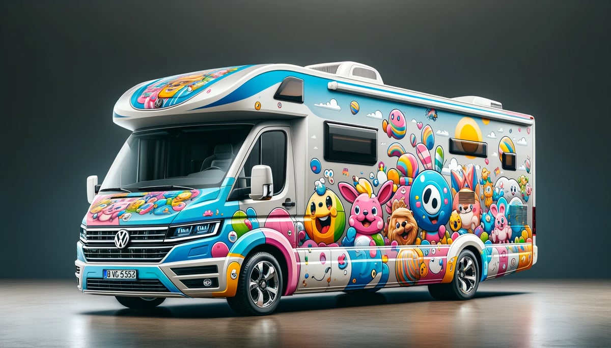 DALL·E 2024-02-06 17.23.26 - Create a wrap design on the motorhome that is humorous and child-like, while ensuring it resembles a Volkswagen Grand California 600 motorhome. The de