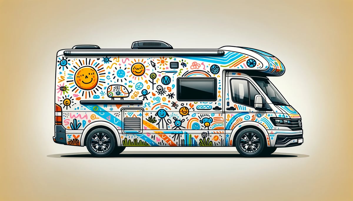 DALL·E 2024-02-06 17.25.28 - Create a wrap design for the motorhome that looks like its been drawn by a child, complete with a Volkswagen Grand California 600 motorhome shape. Th