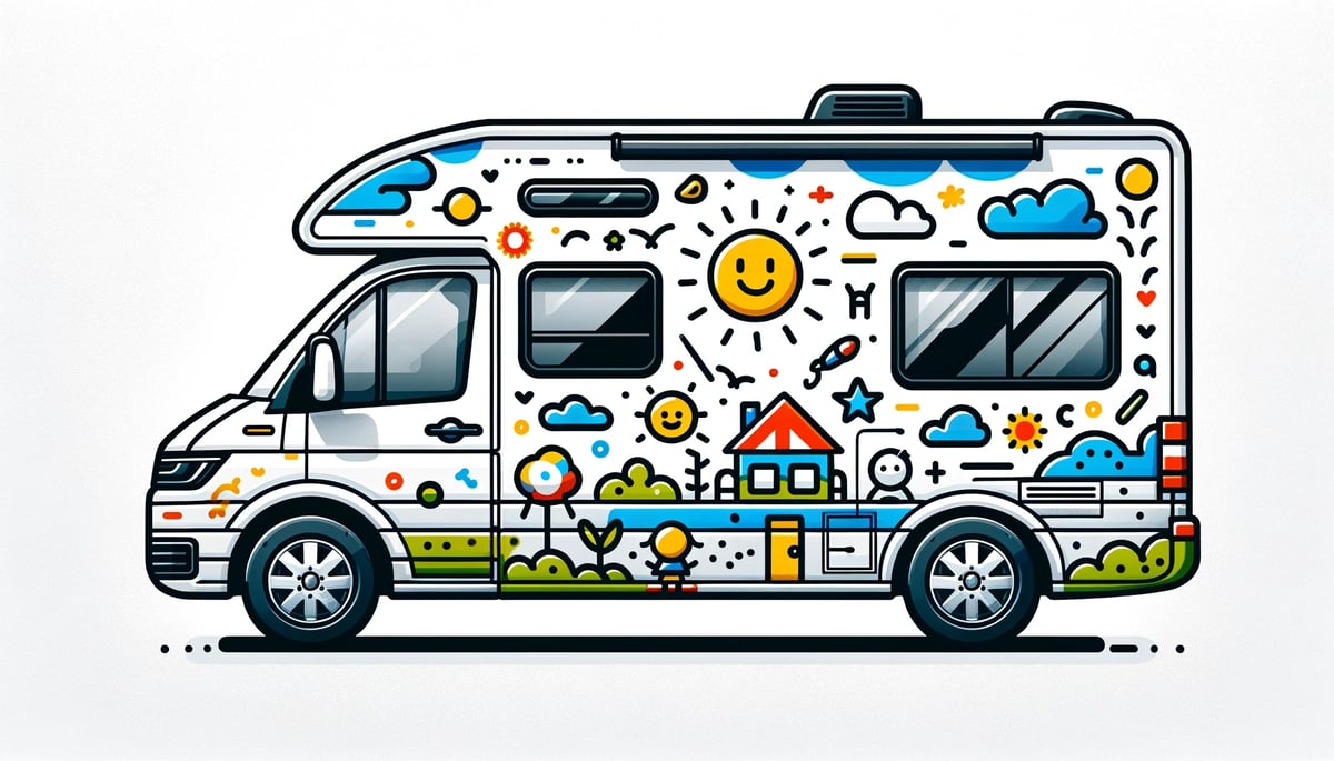 DALL·E 2024-02-06 17.26.14 - Illustrate a wrap design on the motorhome that has a child-like drawing quality, ensuring it still resembles a Volkswagen Grand California 600 motorho