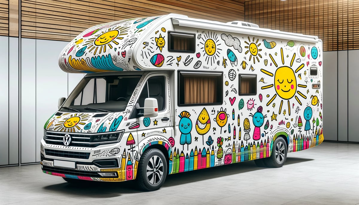 DALL·E 2024-02-06 17.27.18 - Create a wrap design on the motorhome that looks like a childs drawing, complete with whimsical doodles, bright crayon-like colors, and simple, playf