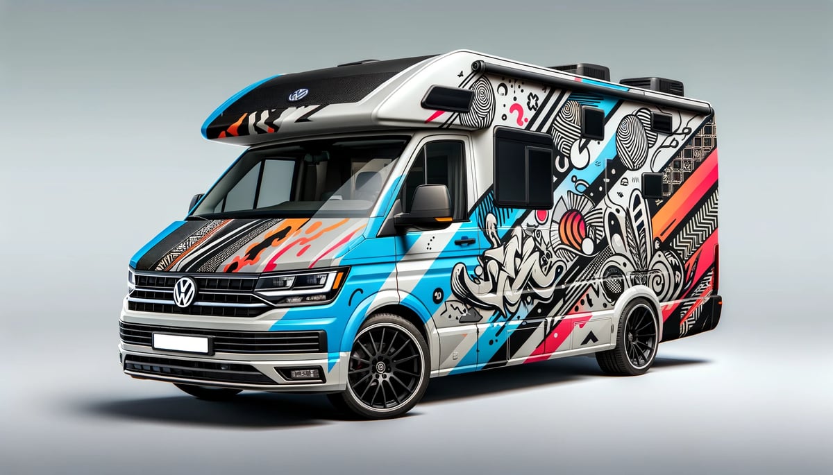 DALL·E 2024-02-06 17.28.45 - Create a wrap design on the motorhome that would resemble something designed by a 15-year-old, with a mix of sophistication and youthful edge. The des