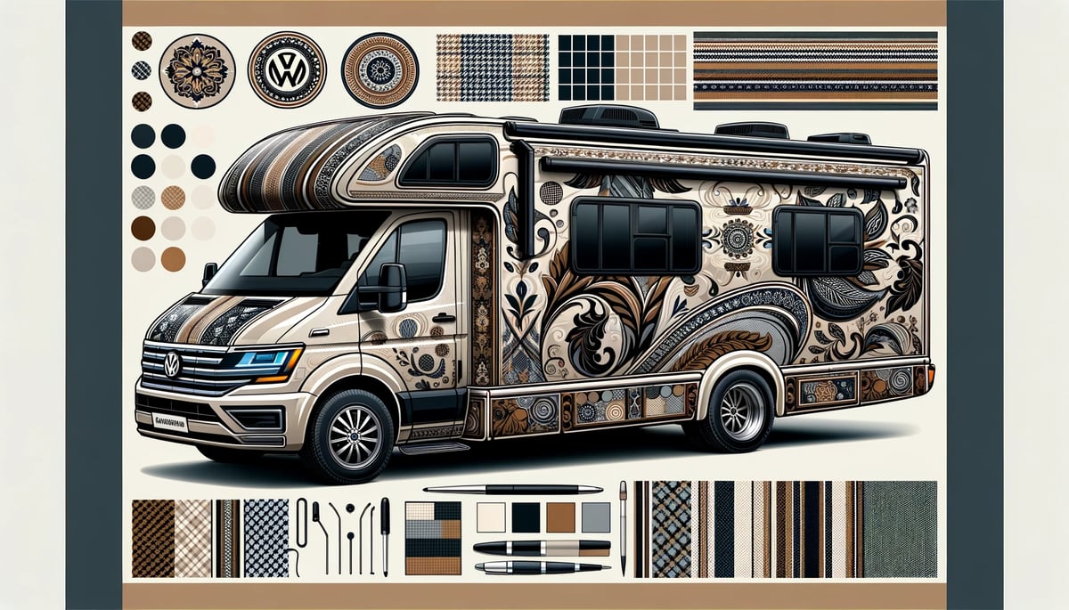 DALL·E 2024-02-06 17.31.27 - Create a wrap design for the motorhome that embodies the style of a 70-year-old man who was formerly a clothing designer. The design should be classic