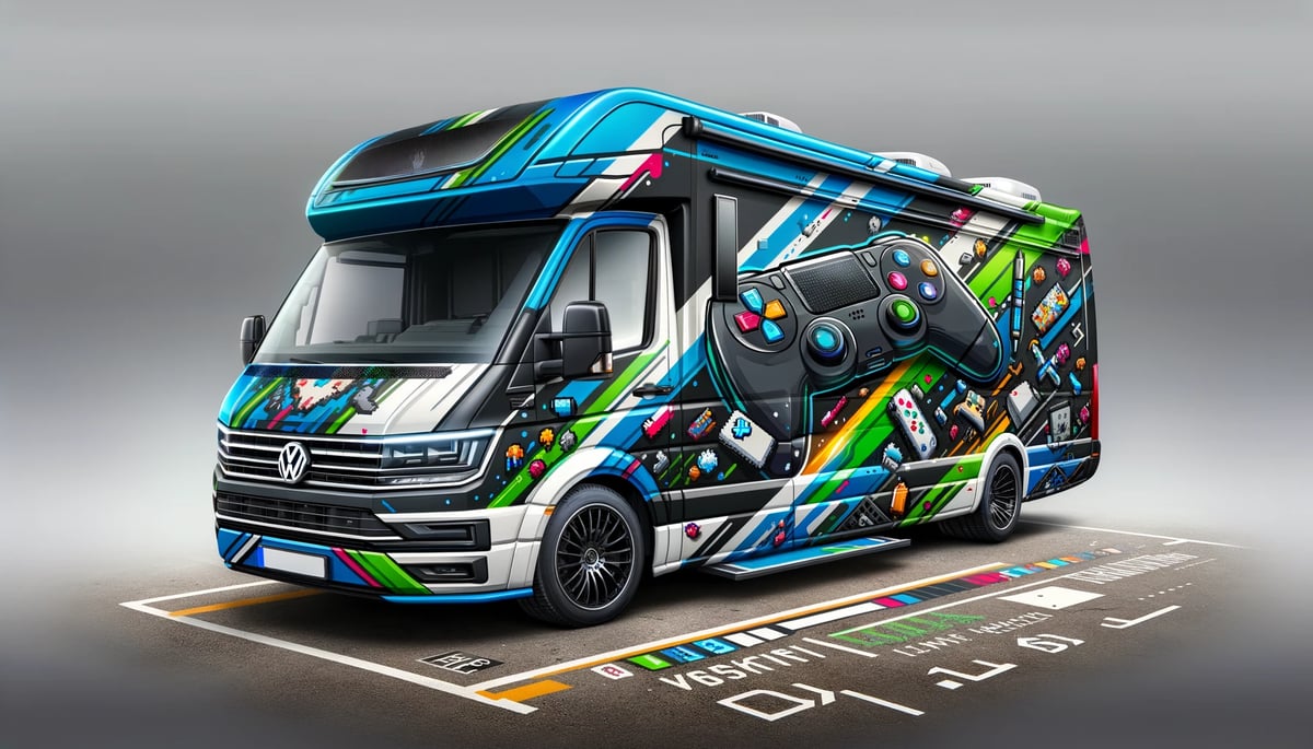 DALL·E 2024-02-06 17.39.45 - Create a wrap design on this motorhome tailored for a gamer, ensuring that the design adheres to the specific model features of a Volkswagen Grand Cal